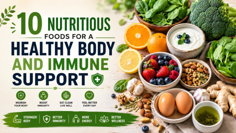 Nutritious foods including fruits, vegetables, yogurt, nuts, seeds and eggs for healthy body and immune support