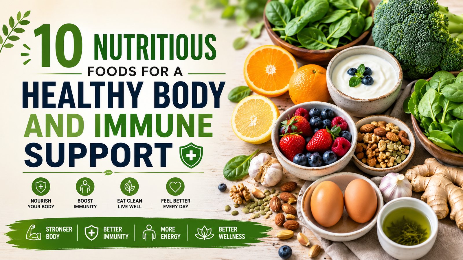 Nutritious foods including fruits, vegetables, yogurt, nuts, seeds and eggs for healthy body and immune support