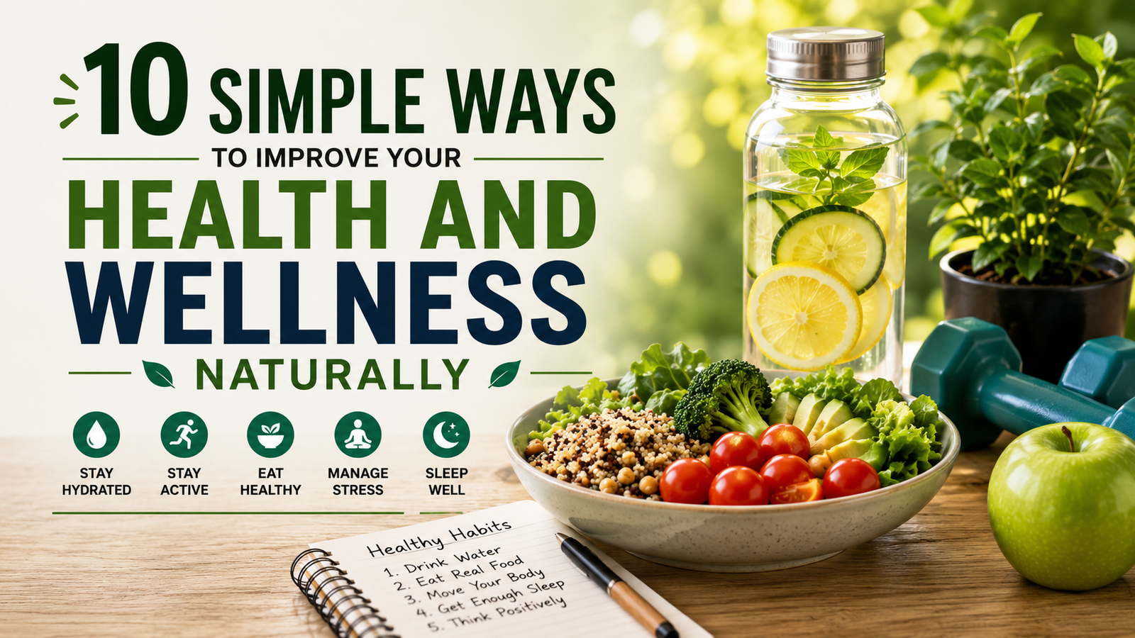 Healthy foods and natural wellness lifestyle representing simple ways to improve health and wellness